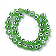 Handmade Evil Eye Lampwork Beads Strands, Flat Round, Green, 9.5x3.5mm, Hole: 1.2mm, about 38pcs/strand, 14.1 inch~14.5 inch(LAMP-S191-02C-02)