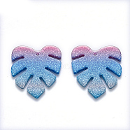 Cellulose Acetate(Resin) Pendants, Tropical Leaf Charms, with Glitter Powder, Rainbow Gradient Mermaid, Monstera Leaf, Sky Blue, 28.5x25x2mm, Hole: 1.2mm(X-KY-S161-006B)