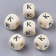 Printed Natural Wood Beads, Horizontal Hole, Cube with Initial Letter, PapayaWhip, Letter.K, 10x10x10mm, Hole: 3.5mm(X-WOOD-T026-001K)