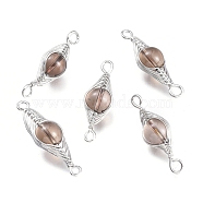Natural Smoky Links Connectors, Wire Wrapped Links, with Platinum Tone Brass Wires, Round, Undyed, 34x11x10mm, Hole: 2.5mm(G-K305-A08-P)