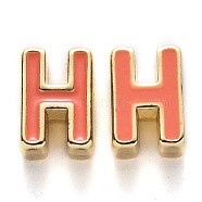 Rack Plating Alloy Enamel Beads, Cadmium Free & Nickel Free & Lead Free, Light Gold, Coral, Letter.H, H: 10x7x4.5mm, Hole: 1.6mm(ENAM-S122-033H-NR)