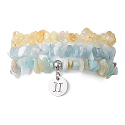 3Pcs 3 Styles Natural Citrine & Flower Amazonite & Aquamarine Aventurine Chips Stretch Bracelets Sets, Stackbale Bracelets with 304 Stainless Steel Charms, Gemini, Inner Diameter: 2-1/8 inch(5.5cm), 1Pc/style(BJEW-JB11076-05)