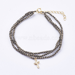 Natural Pyrite Multi-strand Bracelets, with Brass Findings, Pendants, Spring Ring Clasps, Cross, Real 12K Gold Plated, 6-1/2 inch(165mm)(BJEW-I247-10-F)