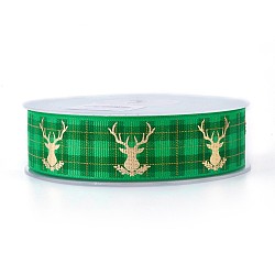 Polyester Grosgrain Ribbon for Christmas Reindeer/Stag, Green, 25mm, about 100yards/roll(SRIB-P013-E01)
