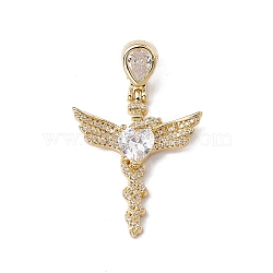 Brass Micro Pave Clear Cubic Zirconia Pendants, Cadmium Free & Nickel Free & Lead Free, Rack Plating, Wing Staff, Real 18K Gold Plated, 45.5x29.5x5.5mm, Hole: 3.5x7.5mm(KK-G439-05G)