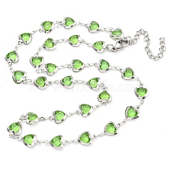 304 Stainless Steel & Glass Heart Link Chain Necklaces, Stainless Steel Color, Yellow Green, 16.38 inch(41.6cm)(NJEW-P315-03P-04)