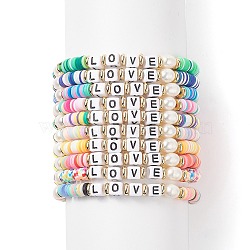 10Pcs 10 Color Handmade Polymer Clay Disc Surfer Stretch Bracelets Set, Natural Pearl & Acrylic Word Love Stackable Preppy Bracelets for Women, Mixed Color, Inner Diameter: 2-1/4 inch(5.7cm), 1Pc/color(BJEW-JB08873)
