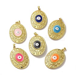 Rack Plating Brass Pendants, with Enamel, Long-Lasting Plated, Lead Free & Cadmium Free, Real 18K Gold Plated, Oval with Evil Eyes, Mixed Color, 50.5x35x9.5mm, Hole: 6x3mm(KK-H473-01G)