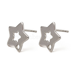 Non-Tarnish Star Shape 201 Stainless Steel Stud Earrings Findings, with 304 Stainless Steel Pins & Hole, Stainless Steel Color, 11x11.5mm, Hole: 1.5mm, Pin: 0.7mm(STAS-Q251-07P)