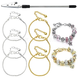 6Pcs 2 Colors Brass European Style Bracelet Making, with Iron Extender Chain with 1Pcs Iron Bracelet Tool Jewelry Helper Alligator Clip, Mixed Color, 155~195mm, 3pcs/color(MAK-YW0001-16)