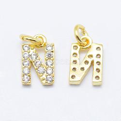 Brass Micro Pave Grade AAA Cubic Zirconia Charms, Letter N, Cadmium Free & Nickel Free & Lead Free, Real 18K Gold Plated, 9x5.5x1.5mm, Hole: 2mm(ZIRC-P067-11G-N-NR)