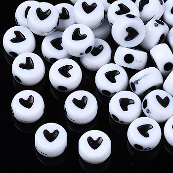 Opaque Acrylic Beads, Flat Round with Heart, White, 7x4mm, Hole: 1.8mm, about 3677pcs/500g