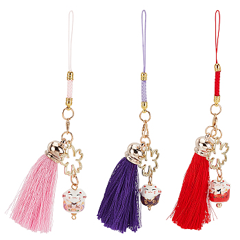 3Pcs 3 Colors Cartoon Lucky Cat Straps Mobile Phone Lanyard, with Tassel Charms, for Phone Charm Car Bag Pendant Keychain, Mixed Color, 17cm, 1pc/color