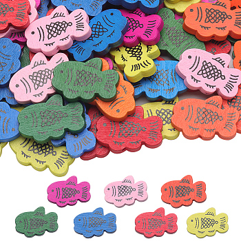 105Pcs 7 Colors Printed Wood Beads, Fish, Mixed Color, 20x30x4.5mm, Hole: 1.8mm, 15pcs/color