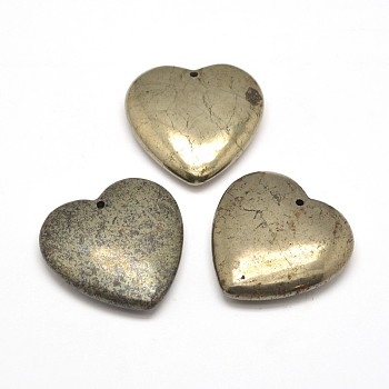 Heart Natural Pyrite Pendants, 40x40x10mm, Hole: 2mm