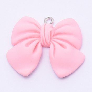 Resin Pendants, with Platinum Plated Iron Screw Eye Pin Peg Bails, Bowknot, Pearl Pink, 25x28x5mm, Hole: 1.8mm