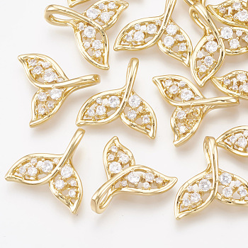 Brass Cubic Zirconia Pendants, Whale Tail Shaped, Clear, Real 18K Gold Plated, 16x16.5x2.5mm, Hole: 2x6.5mm