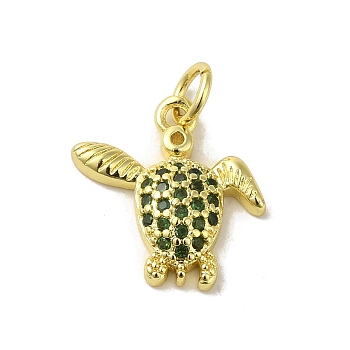 Real 18K Gold Plated Brass Pave Green Cubic Zirconia Pendants, with Jump Rings, Turtle, 14.5x14.5x3.5mm, Hole: 3mm