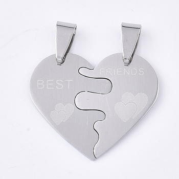 201 Stainless Steel Split Pendants, Heart with Heart, with Word Best Friends, Stainless Steel Color, 25x29x1mm, Hole: 8x4mm