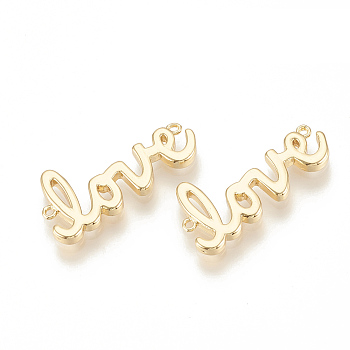 Brass Links connectors, Word Love, Nickel Free, Real 18K Gold Plated, 25x11.5x2mm, Hole: 0.5mm