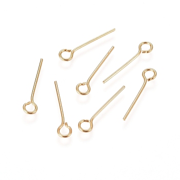 304 Stainless Steel Eye Pins, Real 18K Gold Plated, 22 Gauge, 15x0.6mm, Hole: 2mm