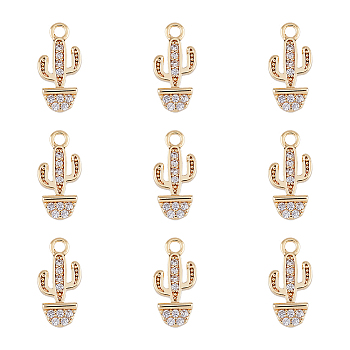 10Pcs Brass Micro Pave Clear Cubic Zirconia Charms, Nickel Free, Cactus Charm, Real 18K Gold Plated, 13.5x6x1.5mm, Hole: 1.5mm