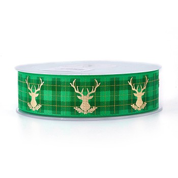 Polyester Grosgrain Ribbon for Christmas Reindeer/Stag, Green, 25mm, about 100yards/roll