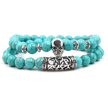 2Pcs Synthetic Turquoise Stretch Bracelet Sets for Women Men, with Tibetan Style Alloy Beads, Skull, 2pcs/set