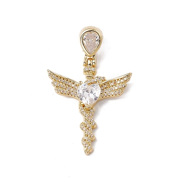 Brass Micro Pave Clear Cubic Zirconia Pendants, Cadmium Free & Nickel Free & Lead Free, Rack Plating, Wing Staff, Real 18K Gold Plated, 45.5x29.5x5.5mm, Hole: 3.5x7.5mm