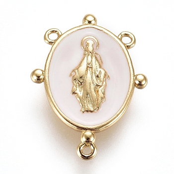 Golden Plated Brass Chandelier Component Links, with Enamel, Oval with Virgin Mary, White, 17.5x13x2mm, Hole: 0.8mm