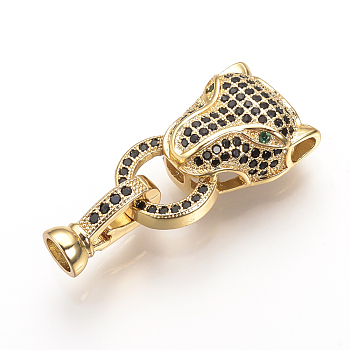 Brass Micro Pave Cubic Zirconia Fold Over Clasps, Cheetah Head, Golden, 31mm, Hole: 2mm