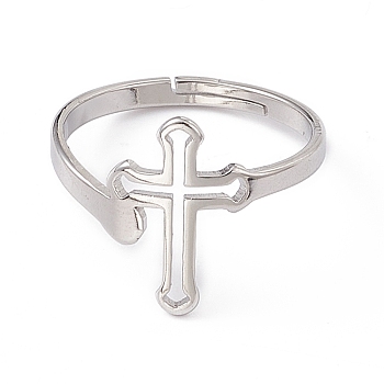 201 Stainless Steel Hollow Out Cross Adjustable Ring for Women, Stainless Steel Color, US Size 6 1/4(16.7mm)