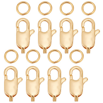30Pcs Brass Lobster Claw Clasps with 30Pcs Open Jump Rings, Nickel Free, Real 18K Gold Plated, Clasps: 12x6x3.5mm, Hole: 1mm, Jump Rings: 21 Gauge, 5x0.7mm, Inner Diameter: 3.6mm