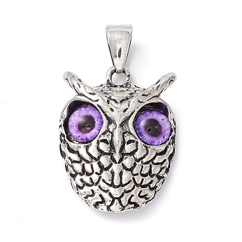 Retro Punk Alloy Pendants, with Glass, Owl with Evil Eye, Blue Violet, 26x18.5x6mm, Hole: 7.5x4mm