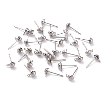 304 Stainless Steel Earring Finding, Ball Stud Earring Post, with Loop, Half Round, Stainless Steel Color, 7x4.5x2.5mm, Hole: 1.2mm, Pin: 0.7mm