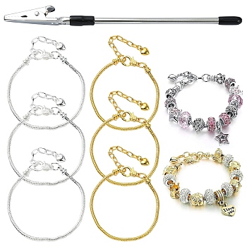 6Pcs 2 Colors Brass European Style Bracelet Making, with Iron Extender Chain with 1Pcs Iron Bracelet Tool Jewelry Helper Alligator Clip, Mixed Color, 155~195mm, 3pcs/color