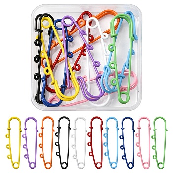 10Pcs 10 Colors Spray Painted Iron Brooch Findings, Kilt Pins with Triple Loops, Mixed Color, 59x18x6mm, Hole: 2mm, 1pc/color