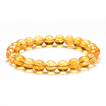 Natural Citrine Round Beaded Stretch Bracelets, Beads: 8mm, 7-1/4~7-1/2 inch(18.5~19cm)