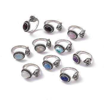 Fox Natural Gemstone Cuff Rings, Open Ring, Antique Silver Tone Brass Jewelry for Women, 2.5~3mm, Inner Diameter: 
17~18mm