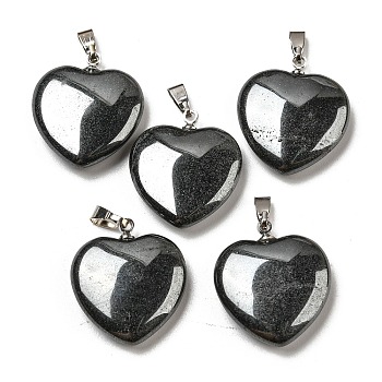 Natural Non-magnetic Hematite Pendants, Heart, with Brass Findings, Platinum, 22~23x20~20.5x6~7.5mm, Hole: 5x8mm