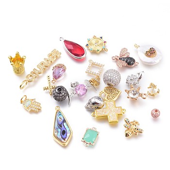 Brass Pendants & Links Connectors, with Cubic Zirconia & Shell & Glass, Mixed Shapes, Mixed Color, 5.5~40x6~16x2~12mm, Hole: 1~5mm