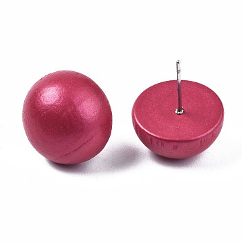 Painted Half Round Schima Wood Earrings for Girl Women, Stud Earrings with 316 Surgical Stainless Steel Pins, Camellia, 15x8.5mm, Pin: 0.7mm