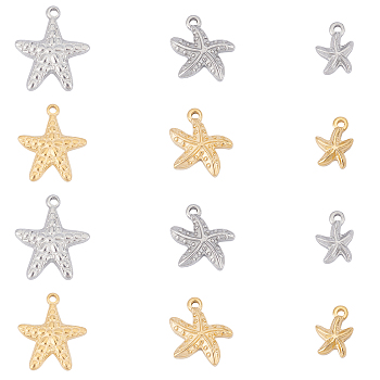 Unicraftale 304 Stainless Steel Pendants, Starfish/Sea Stars, Golden & Stainless Steel Color, 14x10x3.3mm, Hole: 1.8mm, 12pcs/box