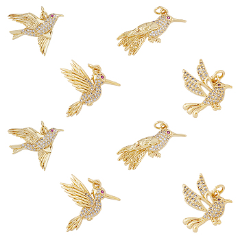 8Pcs 4 Styles Brass Micro Pave Cubic Zirconia Pendants, Bird Charm, with Jump Ring, Real 18K Gold Plated, 20~25x12~24x3~4mm, Hole: 3mm, 2pcs/style