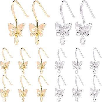 32Pcs 2 Colors Brass Earring Hooks, Ear Wire, with Loop, Nickel Free, Butterfly, Platinum & Golden, 20x8mm, Hole: 2.5mm, 22 Gauge, Pin: 0.6mm, 16pcs/color