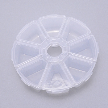 Transparent Plastic Bead Containers, 8 Compartments, Flat Round, White, 10.5x2.7cm