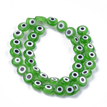 Handmade Evil Eye Lampwork Beads Strands, Flat Round, Green, 9.5x3.5mm, Hole: 1.2mm, about 38pcs/strand, 14.1 inch~14.5 inch