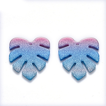 Cellulose Acetate(Resin) Pendants, Tropical Leaf Charms, with Glitter Powder, Rainbow Gradient Mermaid, Monstera Leaf, Sky Blue, 28.5x25x2mm, Hole: 1.2mm