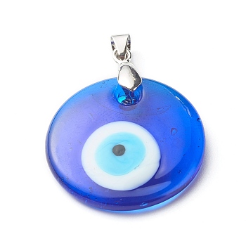 Handmade Lampwork Evil Eye Pendants, with Grade AA Brass Ice Pick Pinch Bails Finding, Flat Round, Dark Blue, 36x30x5mm, Hole: 6x4mm