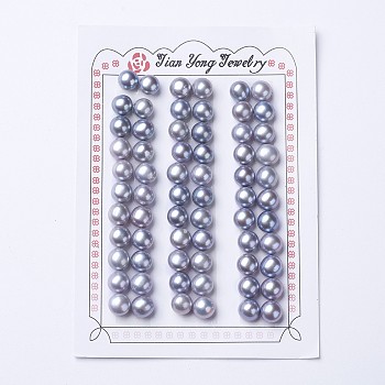 Natural Cultured Freshwater Pearl Beads, Dyed, Half Drilled, Round, Slate Blue, 7~8x6.5~7mm, Hole: 1mm